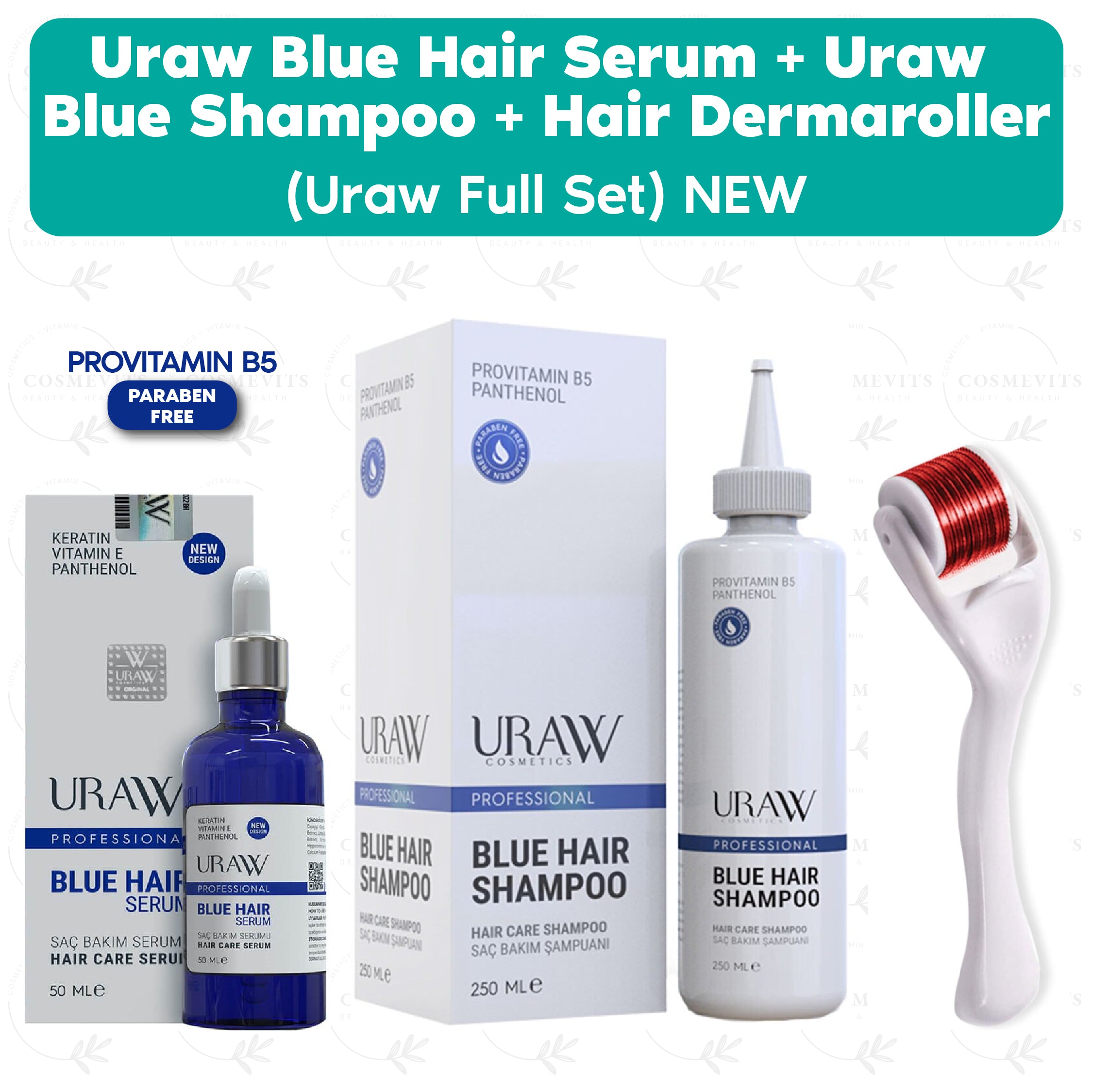 Uraw Blue Hair Serum + Uraw Blue Shampoo + Hair Dermaroller (Uraw Full Set) NEW